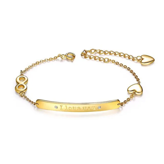 Women's Rose Gold/Silver/Gold Color " I Love You" Adjustable Chain Bracelet with Paved CZ