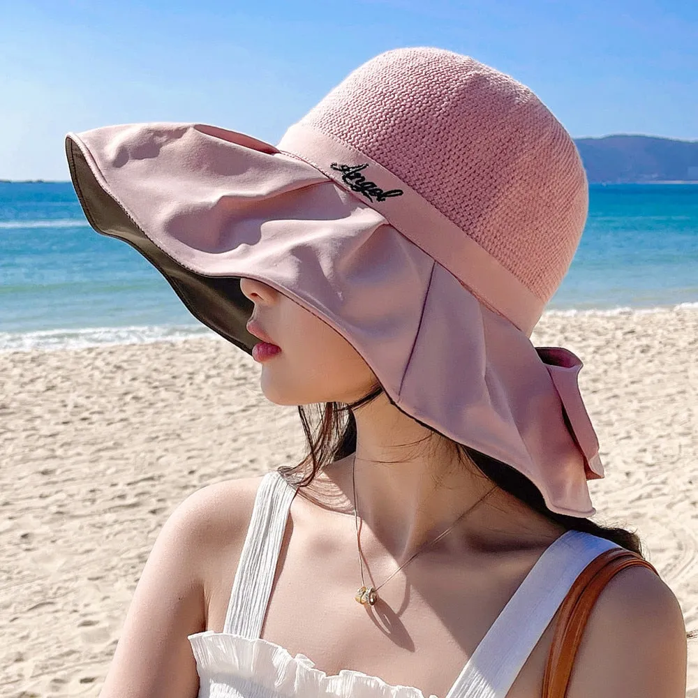 Women's Summer Hat Fashion Letter Embroidery Bow Design Straw Sun Hat Female Travel  Beach Bucket Hat