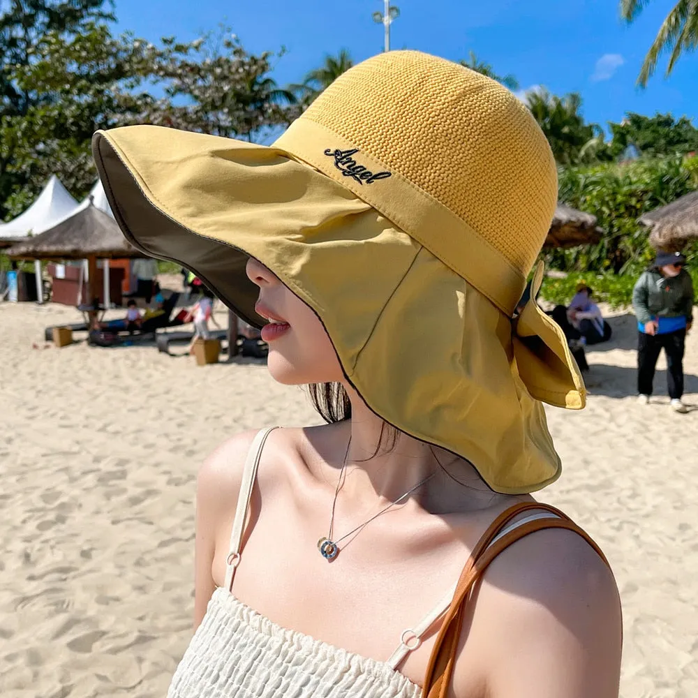 Women's Summer Hat Fashion Letter Embroidery Bow Design Straw Sun Hat Female Travel  Beach Bucket Hat