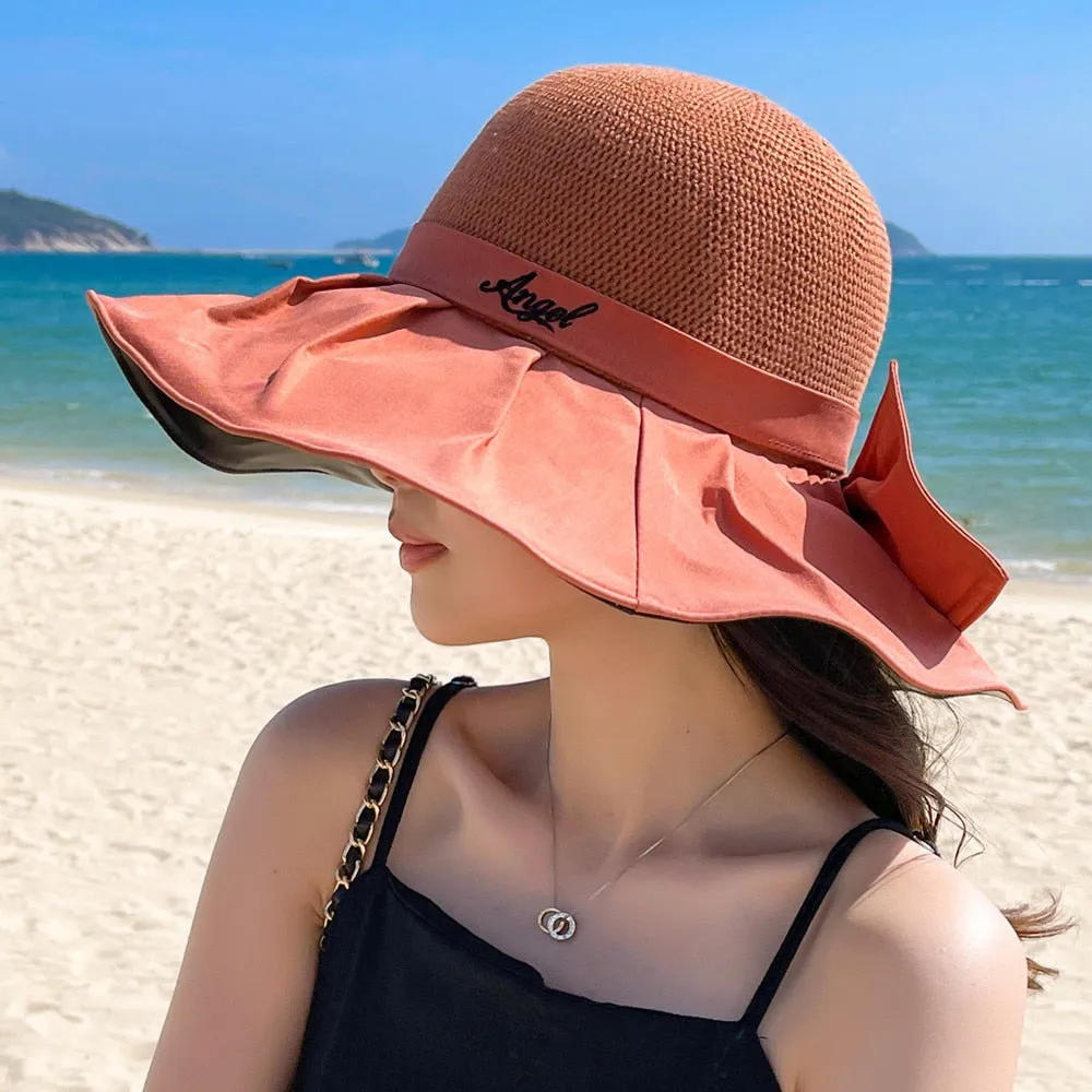 Women's Summer Hat Fashion Letter Embroidery Bow Design Straw Sun Hat Female Travel  Beach Bucket Hat