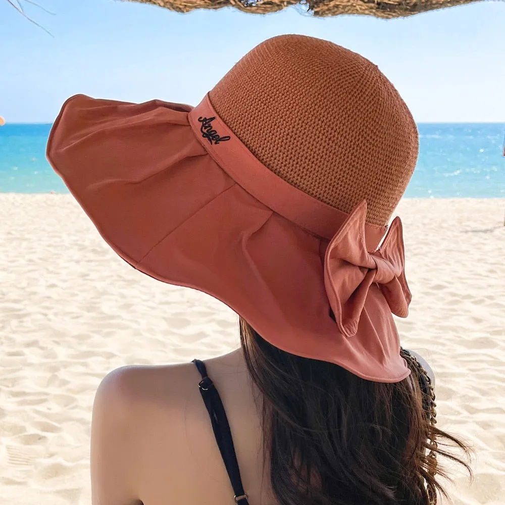 Women's Summer Hat Fashion Letter Embroidery Bow Design Straw Sun Hat Female Travel  Beach Bucket Hat