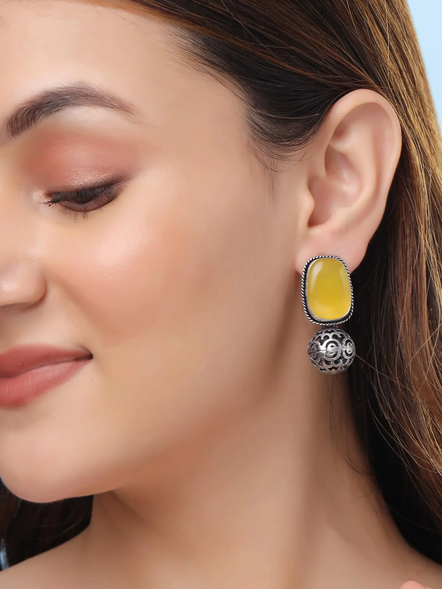 Yellow Chimes Silver Oxidised Earrings for Women & Girls | Traditional Oxidised Silver Drop Earrings Afghani Style Yellow Monalisa Stone Studded Earrings | Birthday Anniversary Gift for Wife Women