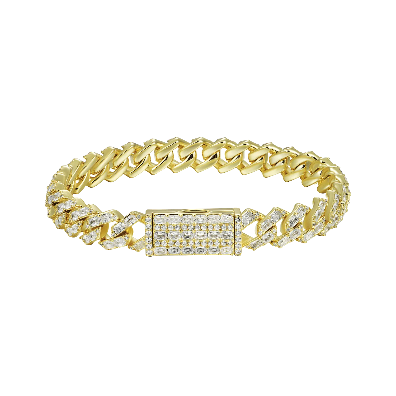 Yellow Gold Emerald Cut Prong Cuban Link Bracelet - 10mm